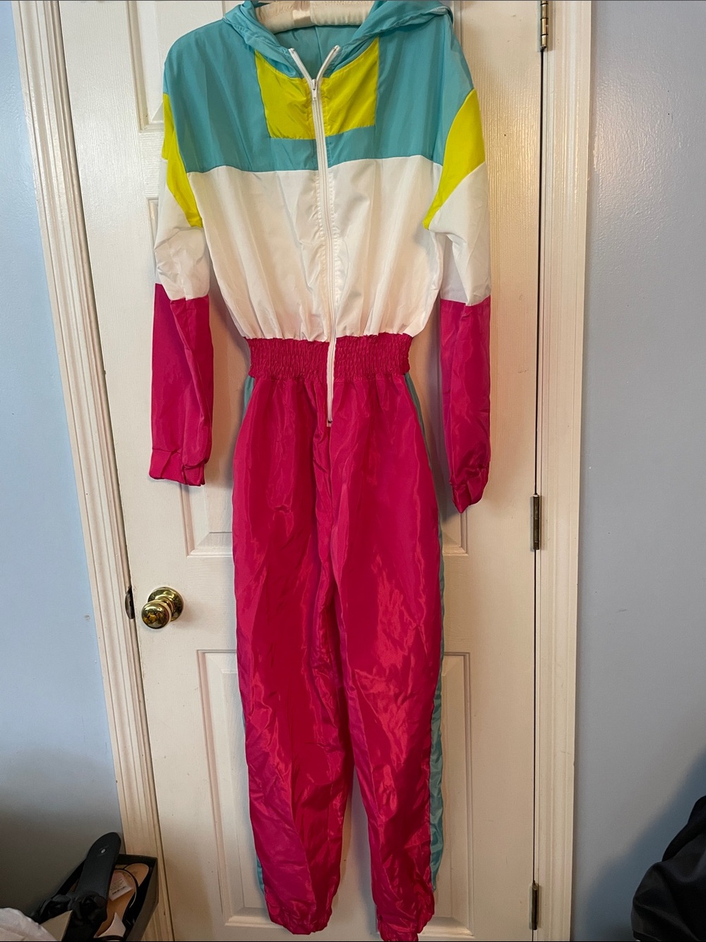 Retro Colorblock Windbreaker Jumpsuit - Teal, White, Yellow, Hot Pink XL